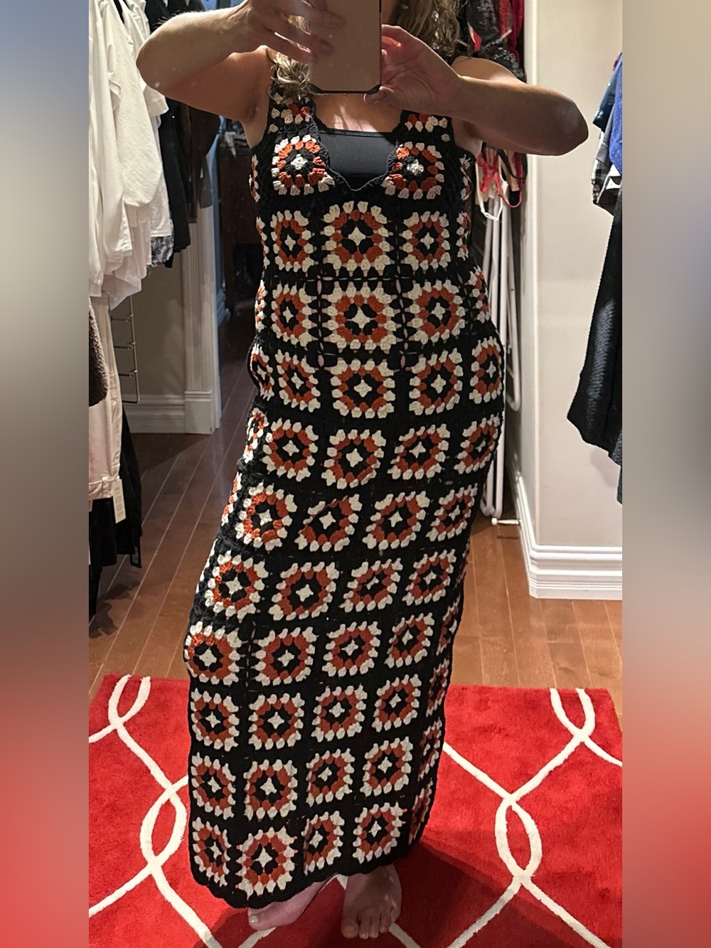 Sz M/L⭐️New Black, Rust Brown & White Granny Square Crochet Dress. ⭐️Sz in Pics